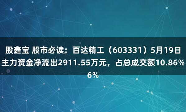股鑫宝 股市必读：百达精工（603331）5月19日主力资金净流出2911.55万元，占总成交额10.86%